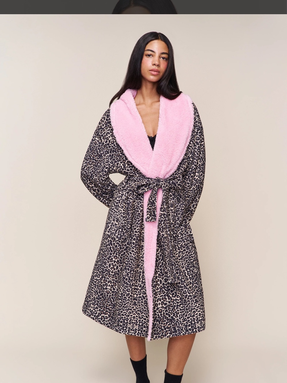 Leopard Print Plush Robe with Pink Sherpa Collar